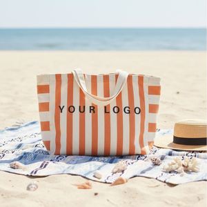 Summer Custom Large Striped Fashion Eco-Friendly <b>Beach</b> Reusable Wholesale <b>Canvas</b> Tote Bags with Zipper Closure Shoulder Strap - Product Image 1