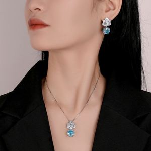 Fashion Eco-friendly Copper Rose Cut 12mm Sea Blue Zircon Party Floral Pendant <b>Earrings</b> <b>Set</b> Jewelry <b>Set</b> for Women Sparkly Party - Product Image 6