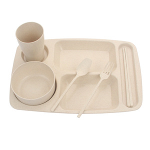 Wheat Straw Divided <b>Plate</b> Set With Bowl Spoon Chopsticks Fork <b>Large</b> Capacity Kids Tableware Rectangle Solid Color - Product Image 3
