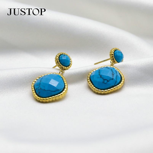 Élégantes boucles d'oreilles pendantes géométriques carrées en améthyste unisexe, chic, plaquées or 18 carats, en acier inoxydable, respectueuses de l'environnement - Product Image 6