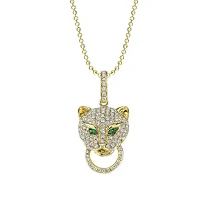 Gemnel new fashion 925 silver jewelry gold plated pave full diamonds leopard head pendant necklace