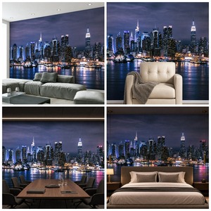 Mural Personalizado de Paisaje Urbano Nocturno, Papel Tapiz de Lienzo al Óleo para Sala de Estar - Product Image 4