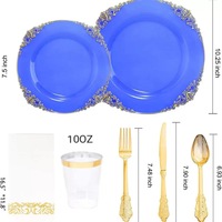 Assiette jetable en plastique PS transparente bleue avec motif dragon, couteau, fourchette et cuillère dorés