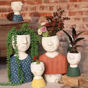 Счастливая семья из четырех садовых украшений, дизайн человеческого головы, цементный цветочный горшок для домашнего декора