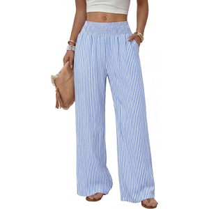 FOXA Wide Leg Pants Woman High Waist Striped Trousers With <b>Pockets</b> Casual Lounge Breathable Oxford Fabric - Product Image 1