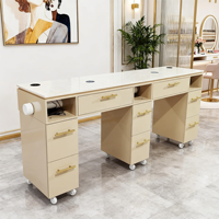 Meubles de salon de manucure modernes et luxueux, table de manucure double professionnelle en MDF avec plateau en marbre, chaise et ventilateur extracteur