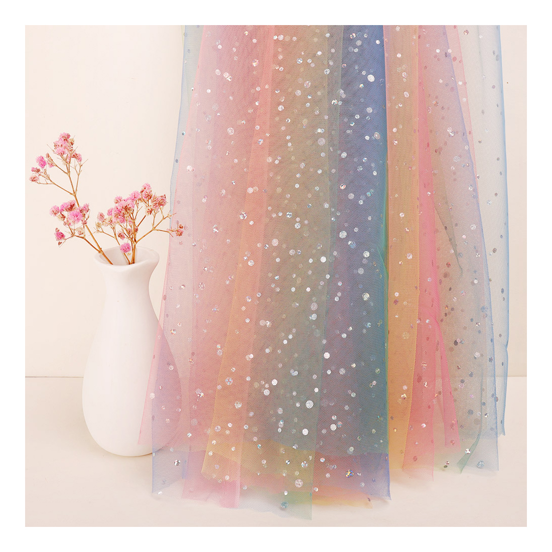 2021 Hot Sale Soft Rainbow Color Diamond Sequins Iridescent Tulle Fabric For Tulle Skirts