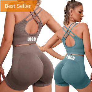 Seamless Ribbed Solid Yoga Set Women <b>2</b> Piece Crop <b>Top</b> High Waist Shorts Crisscross Back Butt Scrunch Fitness Workout Gear - Product Image 1