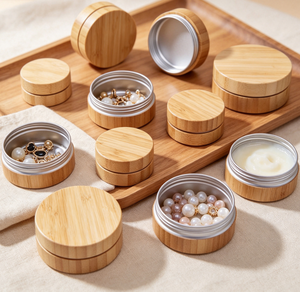 Boîte à bijoux mini en aluminium ronde avec couvercle en bambou, pot de rangement écologique pour cosmétiques, impression de logo personnalisée acceptée - Product Image 5