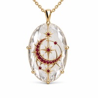 Collier Pendentif Ovale Personnalisé Plaqué Or avec Cristal CZ Lune et Étoile Célestes, CZ Rouge Mystique, OEM pour Marques de Bijoux