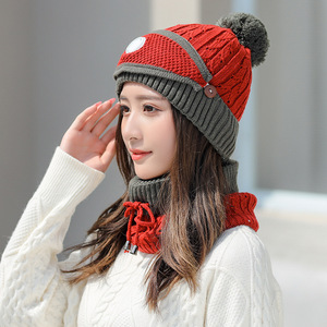 Winter Knitted Hat <b>Scarf</b> Set Red Gray <b>Wool</b> Warm Three Piece Adult Fashion - Product Image 1