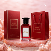 Vente en gros de flacons de parfum carrés en verre de 30 ml, 50 ml, 100 ml, avec logo personnalisé rouge, flacon atomiseur vide avec boîte de luxe et sac en papier