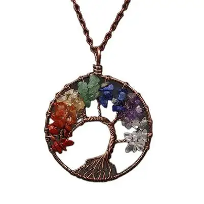 7 Chakra Energy collana con ciondolo in cristallo pietra preziosa naturale filo di rame avvolto guarigione cristallo saggezza ciondolo albero della vita