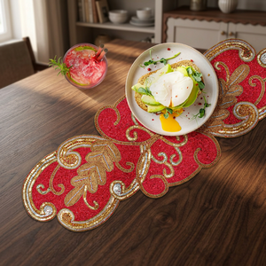 Camino de Mesa Rojo Bordado con Patrón de Hojas Doradas para Decoración del Hogar - Product Image 4