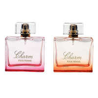Flacon de parfum carré en verre vide de 50 ml, dégradé rose-orange, avec couvercle transparent et pulvérisateur – Créez le vôtre