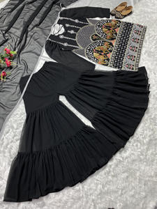 Traje de diseñador étnico moderno pakistaní indio tela de Georgette de imitación pesada Sharara Palazzo Dupatta alto tradicional verano bajo - Product Image 4