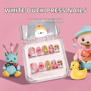 <span class=keywords><strong>Uñas</strong></span> postizas de pato blanco con <span class=keywords><strong>punta</strong></span> francesa corta, acrílicas, con diseño de purpurina 3D, hechas a mano, con pegamento - Product Image 2