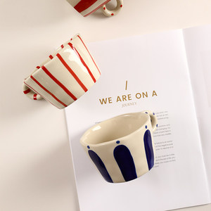 Taza de Cerámica Personalizable con Diseño Retro de Bloques de Color y Rayas, Taza de Café Irregular Hecha <span class=keywords><strong>a</strong></span> Mano, Estilo INS, Taza para Desayuno - Product Image 5