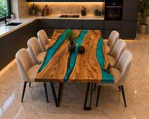 Table à manger moderne en bois et résine époxy, meubles de luxe faits à la main, design en bois naturel et résine, meubles de salle à manger personnalisés pour la maison - Product Image 1