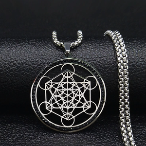 Collana Unisex in Acciaio Inox con Simbolo della Geometria Sacra, Catena con Fiore della Vita <span class=keywords><strong>e</strong></span> Cubo di Metatron - Product Image 3
