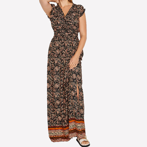 Abito <span class=keywords><strong>Lungo</strong></span> Boho Vintage da Donna in 100% Rayon Stampato <span class=keywords><strong>con</strong></span> <span class=keywords><strong>Maniche</strong></span> a Cappuccio, Scollo a V, Arricciature e <span class=keywords><strong>Spacco</strong></span> Laterale - Product Image 2