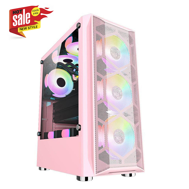 Lovingcool Most Popular Gamer Desktop Computer Case Towers Mid Tower RGB CPU Cube ATX Pink Gaming PC Chassis With 120mm Fans