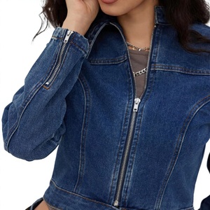 Ladies <b>Cropped</b> Motorcycle <b>Denim</b> <b>Jacket</b> Long Sleeve Slim Fit 100% Organic Cotton Eco-Friendly Anti-Wrinkle Breathable Fashion - Product Image 4