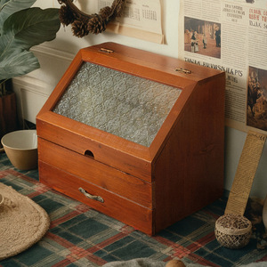 <b>Solid</b> <b>Wood</b> Retro Cosmetic Storage Box With Glass Lid <b>Desk</b> Organizer For Journal Display Cabinet - Product Image 2