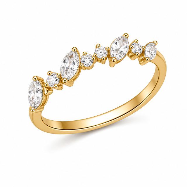 925 Sterling Silver Ring Gold Plated Chevron Marquise Zircon Stackable Band Women's Luxury Certified Engagement Anniversary