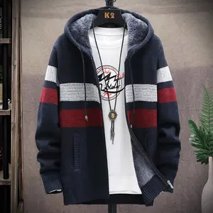 Winter Fleece Warm Sweater Men Hooded Cardigan Mens Striped Patchwork Slim Sweaters Coat Knitted Men's Christmas Jumper Clothing