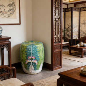 เก้าอี้กลองเซรามิกลายผักกวางตุ้งวาดด้วยมือ เก้าอี้เซรามิกจีนลายดอกไม้สีชมพูสไตล์วินเทจ เก้าอี้เซรามิกสีเขียวสำหรับสวน - Product Image 5