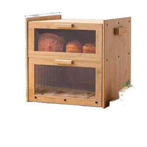 Boîte à pain en bambou à double couche avec porte en acrylique, organiseur de rangement pour cuisine, pour pain et aliments - Product Image 1