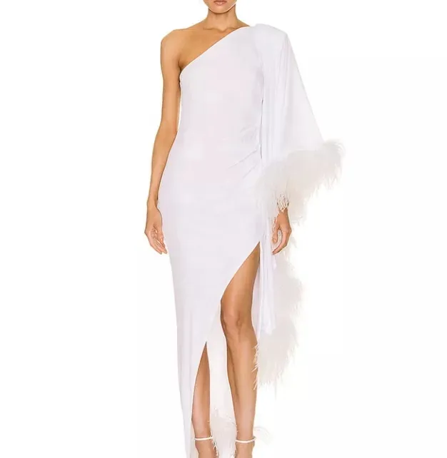 Fashion design Elegant Women high quality custom white Long Sleeve Ostrich feather dress maxi long dresses