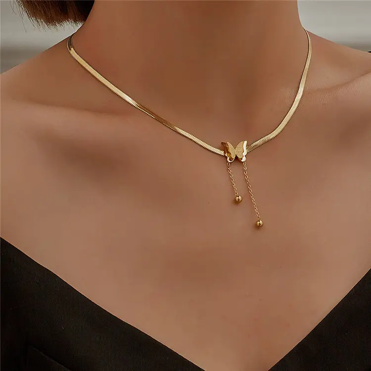 Delicate Tassel Snake Chain Necklace Titanium Stainless Steel Butterfly Gold Plated Necklace