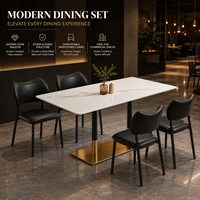 Ensemble de table à manger rectangulaire en pierre frittée moderne avec base dorée et chaises rembourrées noires, mobilier commercial pour hôtel et restaurant