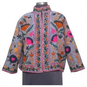 Handmade Soft Knitted Cotton <b>Quilted</b> Suzani Embroidery Winter Women's Boho Short <b>Jacket</b> Customized Colors - Product Image 1