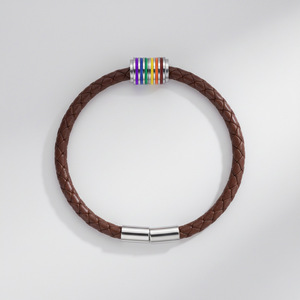 Leather Woven <b>Bracelet</b> Rainbow Color Block Stainless Steel Clasp Unisex Gift Jewelry Black And Brown - Product Image 2