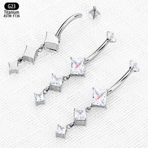 Piercing de nombril géométrique carré en zircon avec pampille, en alliage de titane F136, 10 mm, bijou corporel pour piercing - Product Image 4