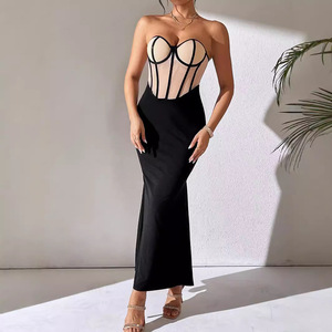 New Trend Sexy Apricot Mesh Fishbone Patchwork French <b>Black</b> Hip Hugging Long Skirt Sexy and Fashionable Women's Long Skirt - Product Image 3