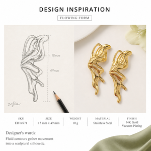Boucles d'oreilles pendantes sculpturales en acier inoxydable plaqué or 14K, abstraites et fluides, 49 mm - Product Image 4