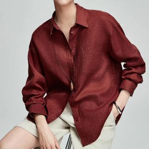 Nouvelle Arrivée Blouse Décontractée Style Rétro à Manches Longues Col en V Chemise Plissée Décontractée en Lin Uni pour Femme - Product Image 1