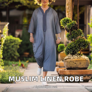 Abaya Informal de Algodón y Lino para Adultos de Medio Oriente, Tallas M-4XL, Corte Regular, Cuello en V, Maxi, Ligera, Antiarrugas - Product Image 2