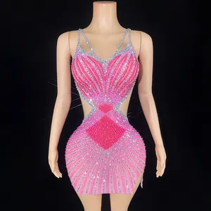 Nieuwe Zomerkleding Voor Vrouwen Jarretel Roze Diamanten Stretchy Mesh Sexy Mini Jurk Avondjurken Voor Prom Party Ballenkamer