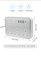 Alimentation à fiche de fusible britannique avec interrupteur, protection contre les surcharges, fuite de terre, 3 voies, 4usb, câble d'extension de Type C