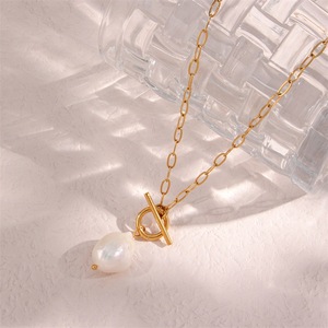 Collier en acier inoxydable perlé pas cher R.GEM. Chaîne à maillons personnalisée tendance avec boucle OT, perles baroques naturelles d'eau douce, vente en gros, cadeau - Product Image 2