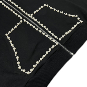 Sudadera con capucha negra de alta calidad para hombre, con cremallera, adornada con perlas y piedras, cuello alto, estilo urbano, informal y a la moda. - Product Image 6
