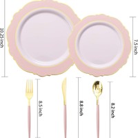 Assiettes jetables en plastique de luxe pour mariage, diamètre 7,5/10,25 pouces, bord rose doré, design moderne minimaliste, réutilisables