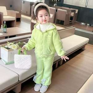 2026 Hot Sale 1-5 jaar meisjes warme trainingspakken strik lange mouw capuchon rits fleece jas broek 2-delige set kinder winterkleding - Product Image 2