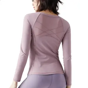 New Nude Feeling Yoga Top Women's Mesh Panels Back Sports Long Sleeve T-shirt Sliming Yoga Suit with Chest Pads