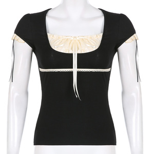 Haut d'été décontracté pour femme, coupe ajustée, en coton tricoté extensible, col carré, avec nœud en dentelle, écologique et doux - Product Image 6